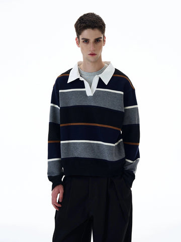 RT No. 20027 STRIPED POLO COLLAR SWEATER