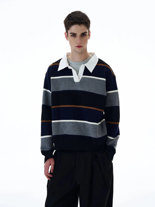 RT No. 20027 STRIPED POLO COLLAR SWEATER