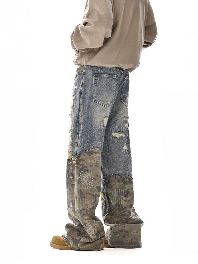 RT No. 12110 CAMO PATCH DISTRESSED DENIM JEANS