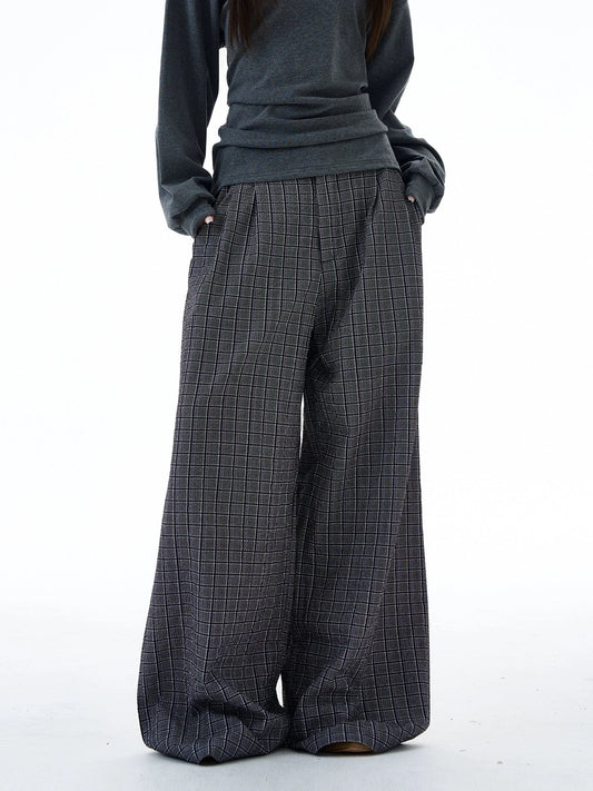 RT No. 20031 PLEATED GRAY PLAID BAGGY STRAIGHT PANTS