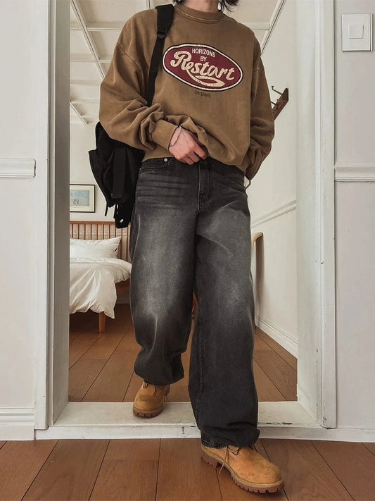 RT No. 19017 BLACK WASHED STRAIGHT DENIM JEANS