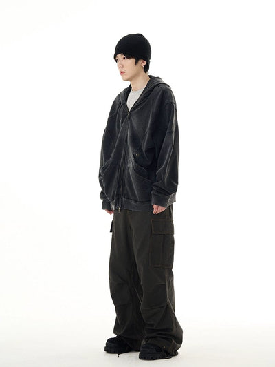 RT No. 11168 RECONSTRUCTED WASHED BLACK ZIP-UP HOODIE