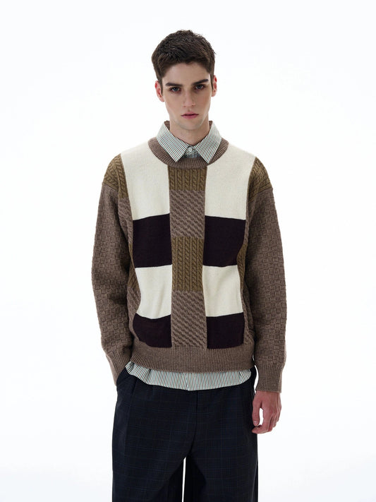 RT No. 20028 KNIT COFFEE PLAID CREWNECK SWEATER