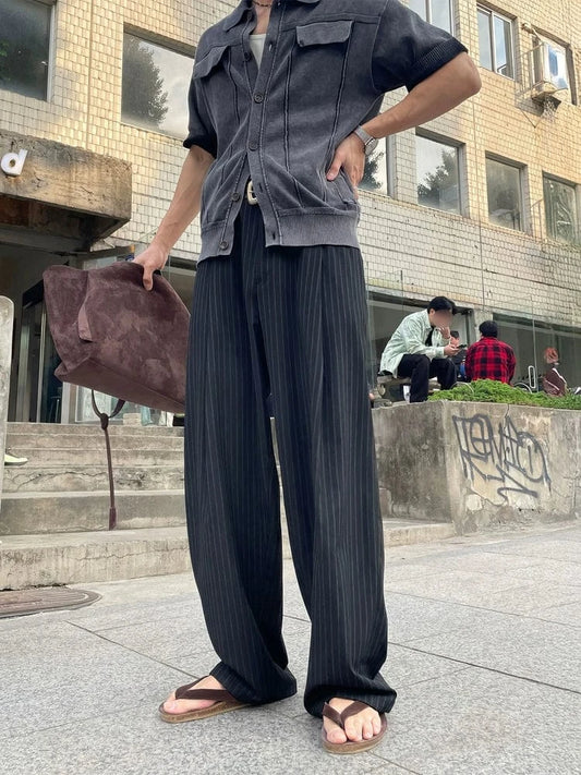 RT No. 19046 GRAY STRIPE PLEATED STRAIGHT PANTS