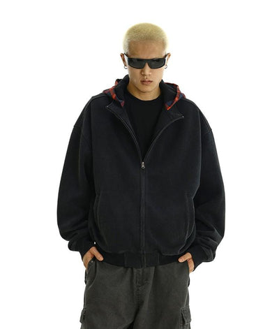 RT No. 11617 BLACK PLAID HOOD ZIP-UP HOODIE