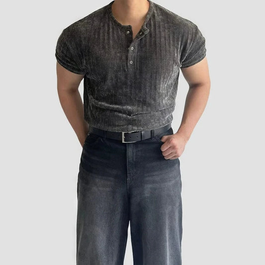 RT No. 19030 GRAY HENRY COLLAR KNIT SHORT SLEEVE