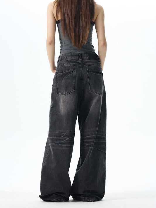 RT No. 12639 WASHED BLACK BAGGY STRAIGHT JEANS
