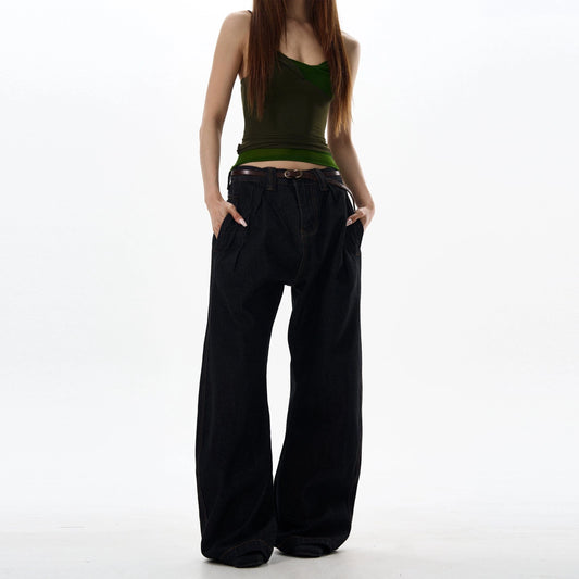 RT No. 18032 BLACK PLEATED DENIM STRAIGHT JEANS