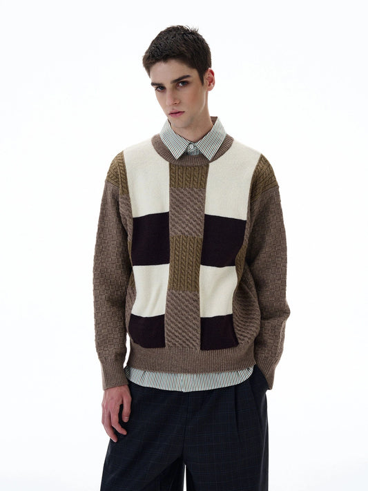 RT No. 20028 KNIT COFFEE PLAID CREWNECK SWEATER