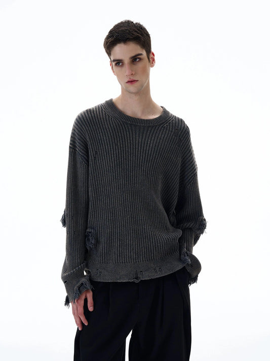 RT No. 20025 KNIT DISTRESSED CREWNECK SWEATER