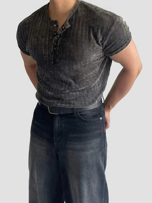 RT No. 19030 GRAY HENRY COLLAR KNIT SHORT SLEEVE