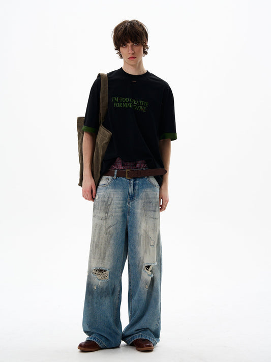 RT No. 12692 DISTRESSED WASHED DENIM STRAIGHT JEANS
