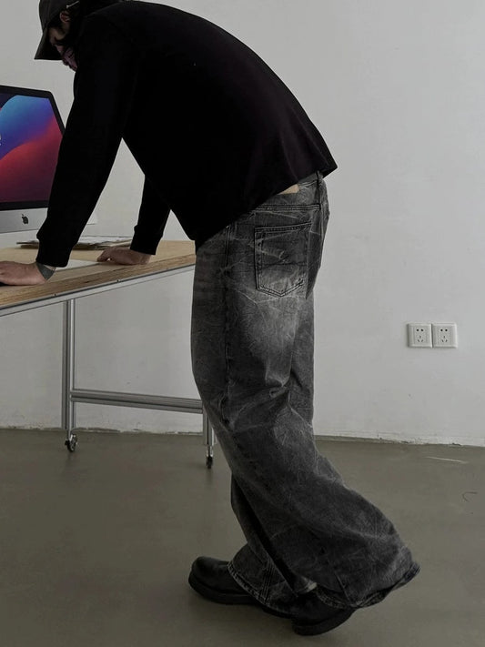 RT No. 18827 WASHED BLACK BAGGY STRAIGHT DENIM JEANS