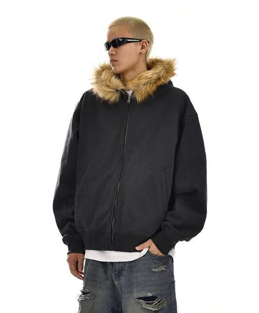 RT No. 12054 CARBON BLACK FUR ZIP-UP HOODIE