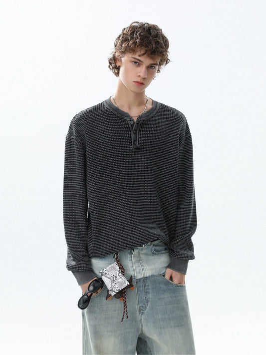 RT No. 50313 WAFFLE KNIT HENLEY SWEATER