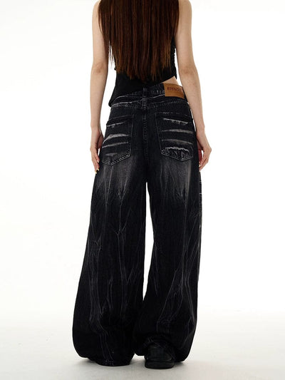 RT No. 11165 BLACK WHISKER WASHED DENIM WIDE JEANS