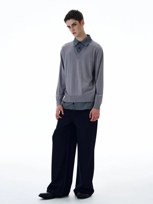 RT No. 20008 TWO PIECE BUTTON-UP SHIRT V-NECK SWEATER
