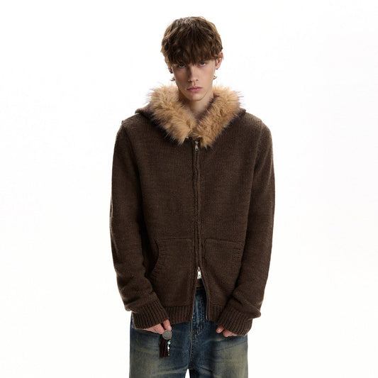 RT No. 59073 KNITWEAR FUR COLLAR ZIPPER HOODIE
