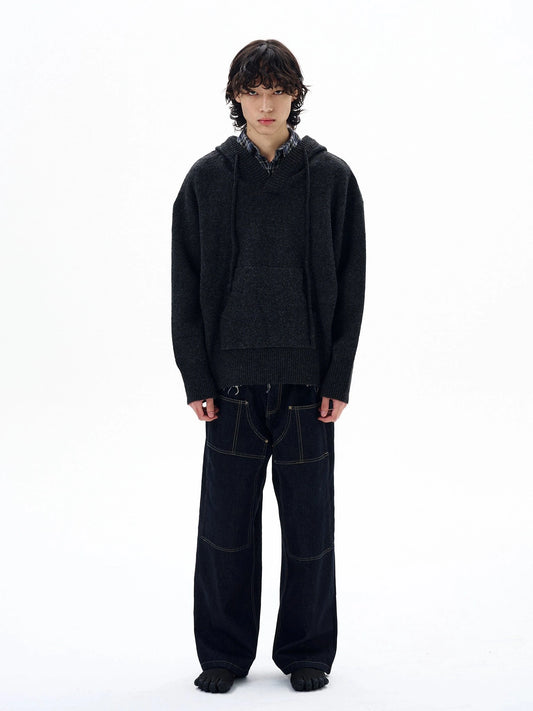 RT No. 29007 BLACK KNITWEAR WOOL BLEND HOODIE