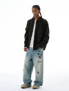 RT No. 19567 PRINTED LABEL BLUE DENIM BAGGY STRAIGHT JEANS
