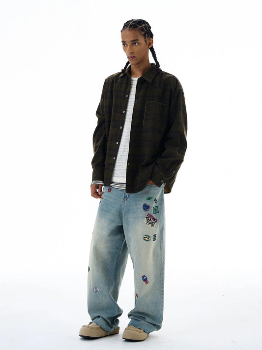 RT No. 19567 PRINTED LABEL BLUE DENIM BAGGY STRAIGHT JEANS