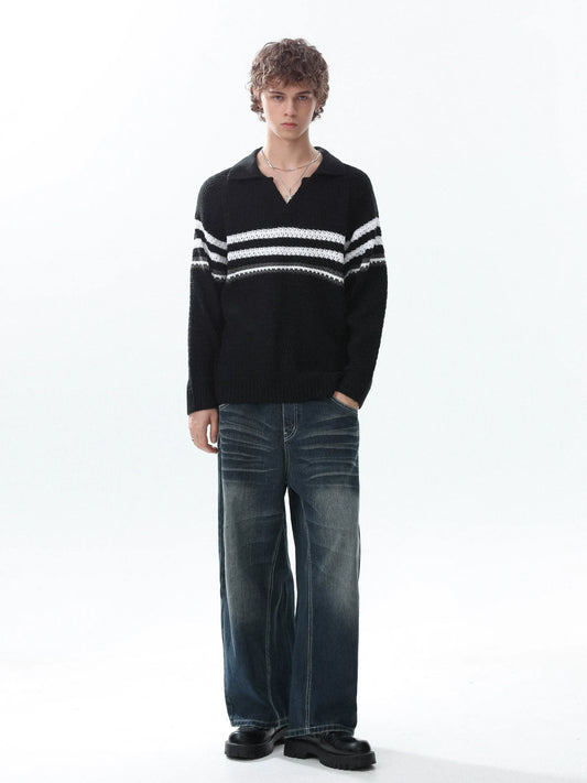 RT No. 50208 STRIPED V-NECK COLLAR SWEATER