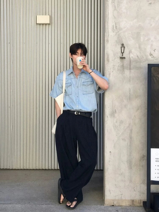 RT No. 32610 PLEATED STRIPED WIDE STRAIGHT PANTS