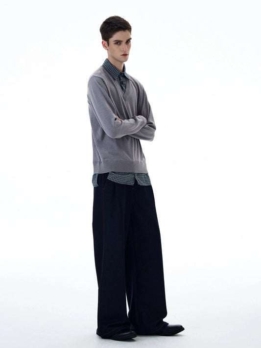 RT No. 20008 TWO PIECE BUTTON-UP SHIRT V-NECK SWEATER