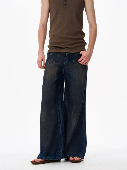 RT No. 18146 WASHED DARK BLUE DENIM STRAIGHT JEANS