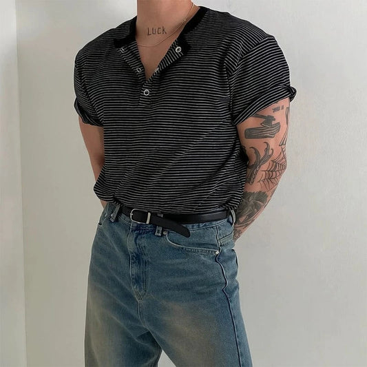 RT No. 19005 BLACK STRIPE HENRY COLLAR SHORT SLEEVE