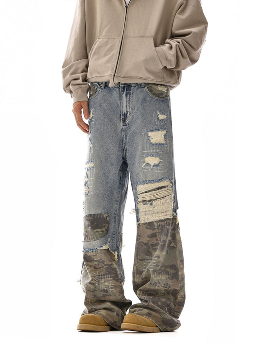 RT No. 12110 CAMO PATCH DISTRESSED DENIM JEANS