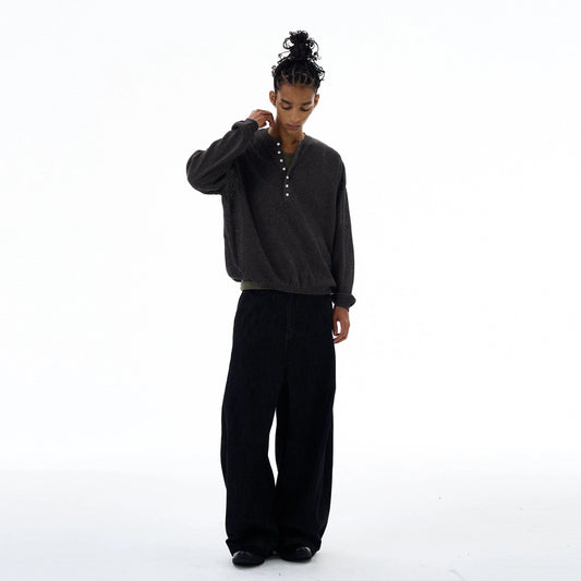 RT No. 19526 HOLLOW KNIT HALF BUTTON-UP SWEATER