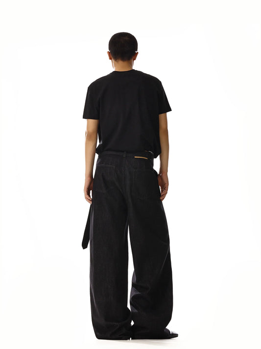 RT No. 18215 BLACK STRAIGHT BELT DENIM JEANS