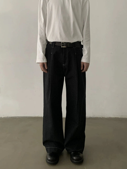 RT No. 29169 PLEATED STITCHED BAGGY DENIM JEANS