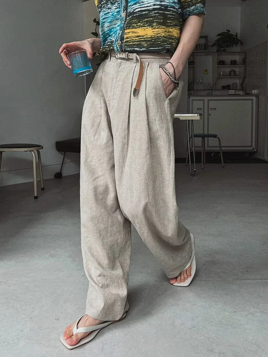 RT No. 18107 PLEATED LINEN STRAIGHT PANTS