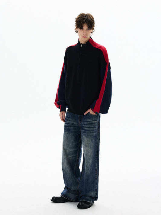 RT No. 50414 KNITWEAR RED SLEEVE QUARTER ZIP SWEATER