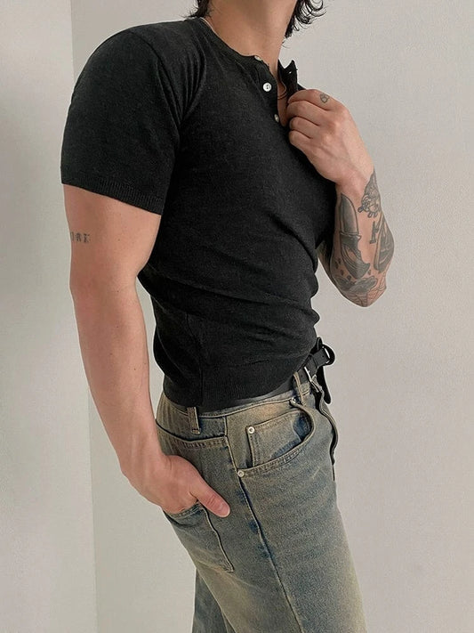 RT No. 18604 DARK GRAY HENRY COLLAR SHORT SLEEVE