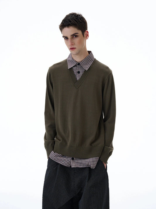 RT No. 20008 TWO PIECE BUTTON-UP SHIRT V-NECK SWEATER