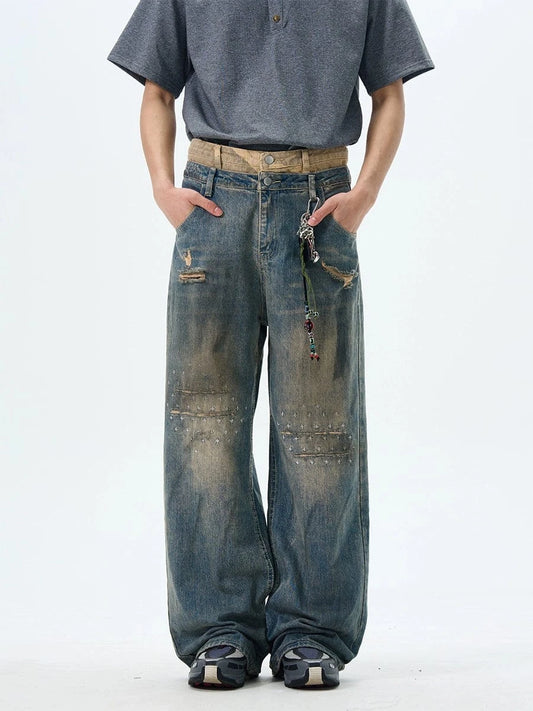 RT No. 18053 DISTRESSED MUD WASHED DENIM STRAIGHT JEANS