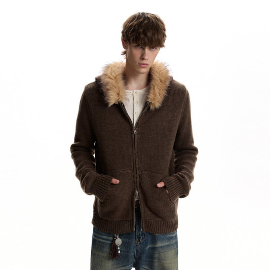 RT No. 59073 KNITWEAR FUR COLLAR ZIPPER HOODIE