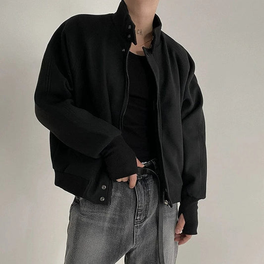 RT No. 18289 BLACK STAND COLLAR ZIP COAT JK