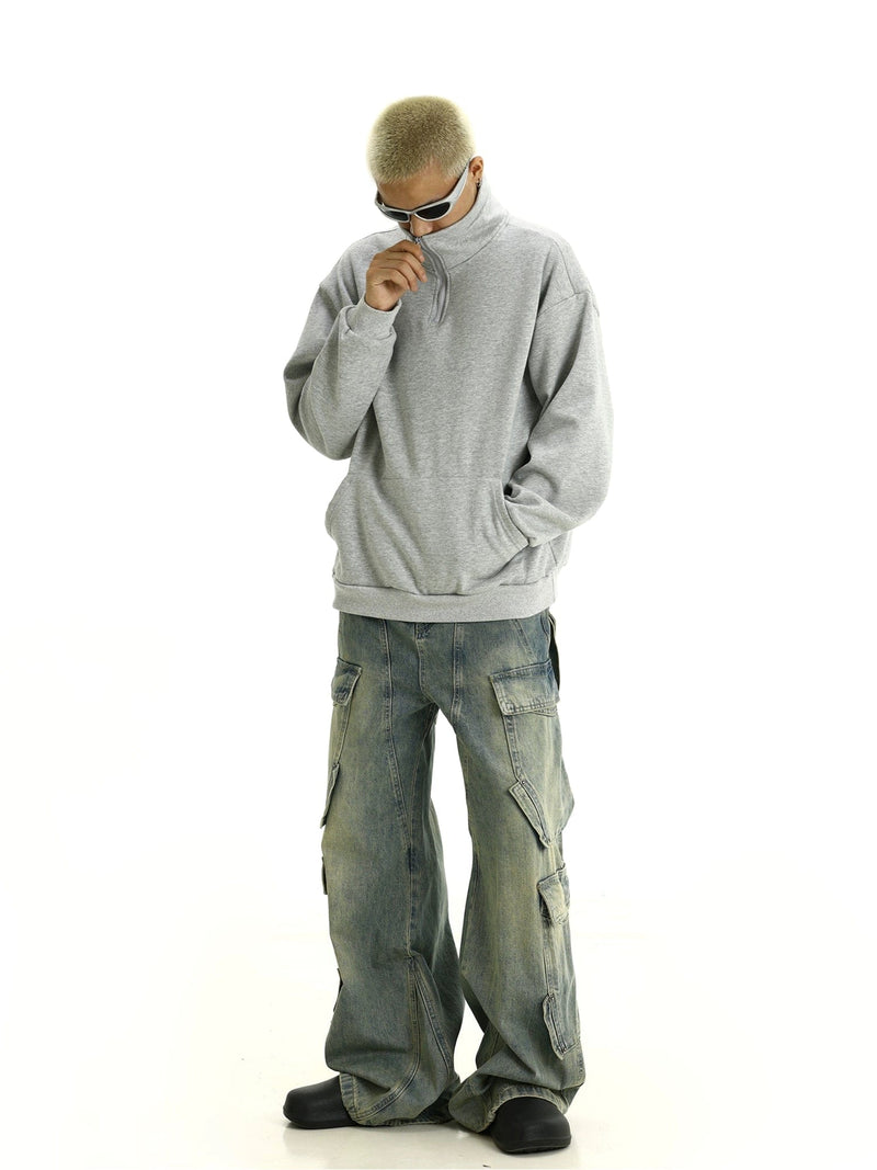 RT No. 11449 LIGHT GRAY ZIP STAND COLLAR SWEATER