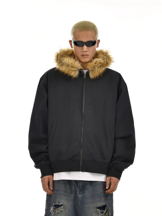 RT No. 12054 CARBON BLACK FUR ZIP-UP HOODIE