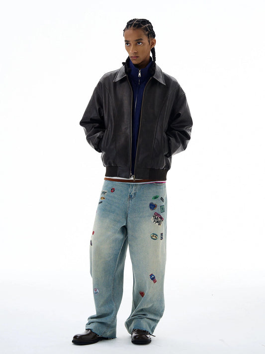 RT No. 19567 PRINTED LABEL BLUE DENIM BAGGY STRAIGHT JEANS