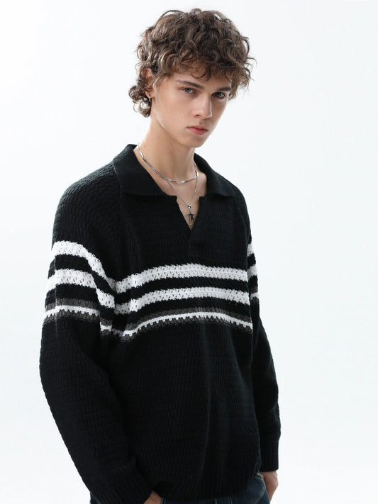 RT No. 50208 STRIPED V-NECK COLLAR SWEATER