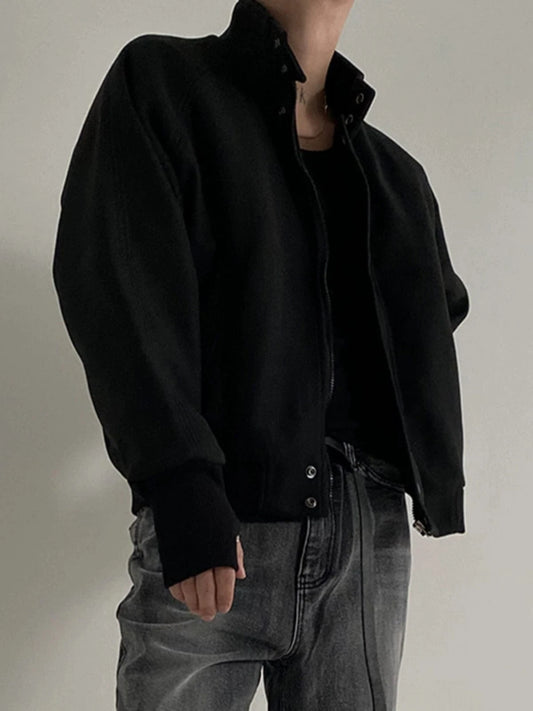 RT No. 18289 BLACK STAND COLLAR ZIP COAT JK