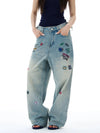 RT No. 19567 PRINTED LABEL BLUE DENIM BAGGY STRAIGHT JEANS