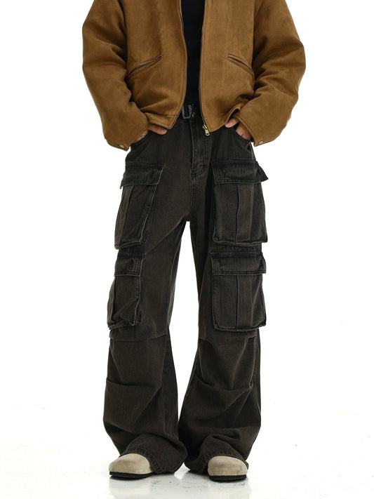 RT No. 11423 WASHED BROWN MULTI POCKET STRAIGHT PANTS