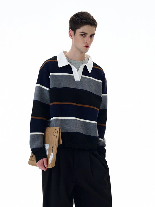 RT No. 20027 STRIPED POLO COLLAR SWEATER