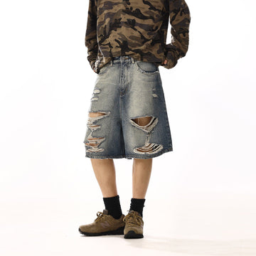 RT No. 13003 BLUE RIPPED DENIM SHORTS